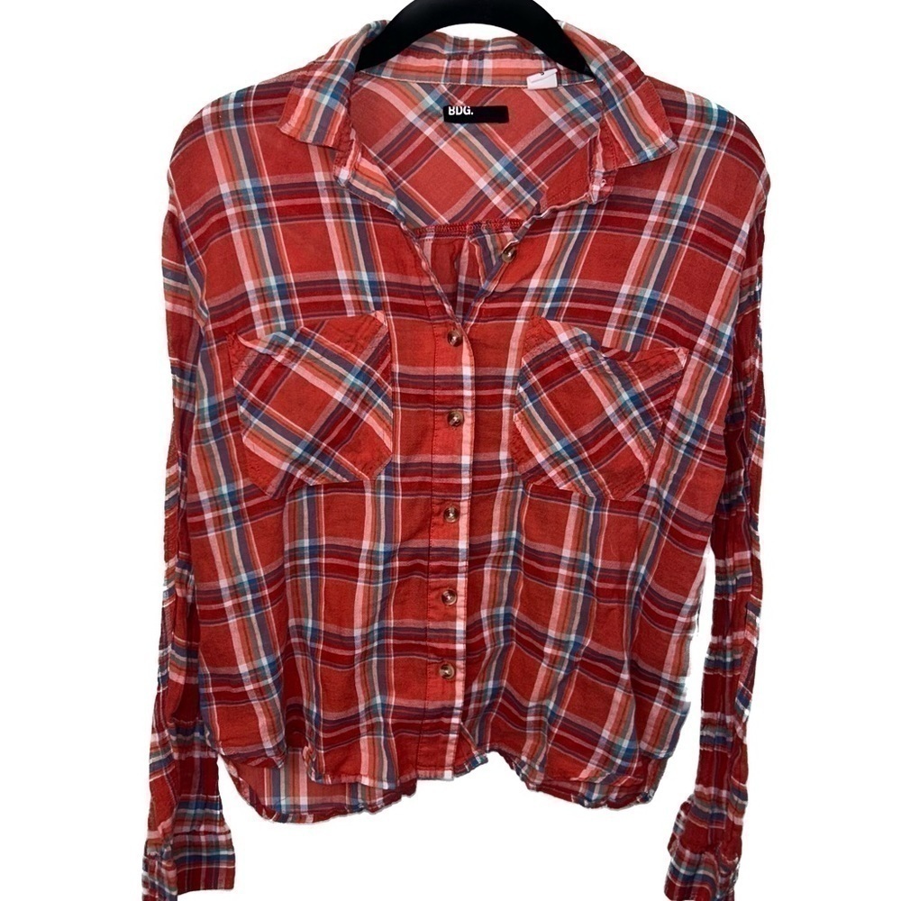 BDG Shirt Flannel Plaid Button Front Stripes Long Sleeve Cropped Collar Top S
